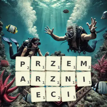 Kreatywna ilustracja do gry w Scrabble ze słowem PRZEMARZNIECI ułożonym z płytek na planszy.