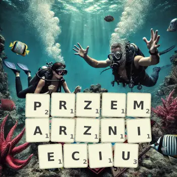 Kreatywna ilustracja do gry w Scrabble ze słowem PRZEMARZNIECIU ułożonym z płytek na planszy.