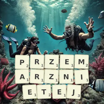 Kreatywna ilustracja do gry w Scrabble ze słowem PRZEMARZNIETEJ ułożonym z płytek na planszy.