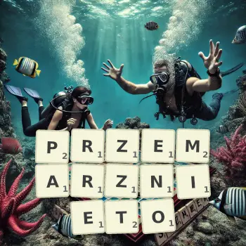 Kreatywna ilustracja do gry w Scrabble ze słowem PRZEMARZNIETO ułożonym z płytek na planszy.