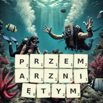 Kreatywna ilustracja do gry w Scrabble ze słowem PRZEMARZNIĘTYM ułożonym z płytek na planszy.