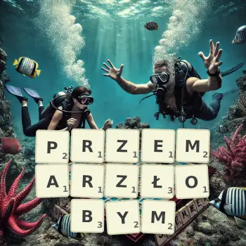 Kreatywna ilustracja do gry w Scrabble ze słowem PRZEMARZŁOBYM ułożonym z płytek na planszy.