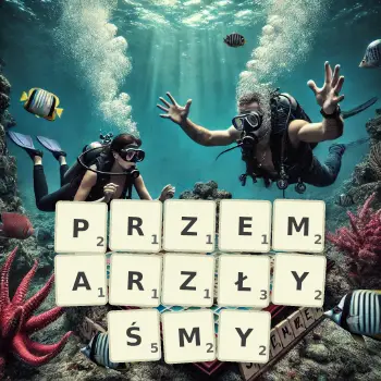 Kreatywna ilustracja do gry w Scrabble ze słowem PRZEMARZŁYŚMY ułożonym z płytek na planszy.