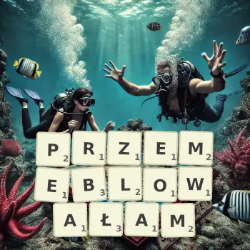 Kreatywna ilustracja do gry w Scrabble ze słowem PRZEMEBLOWAŁAM ułożonym z płytek na planszy.