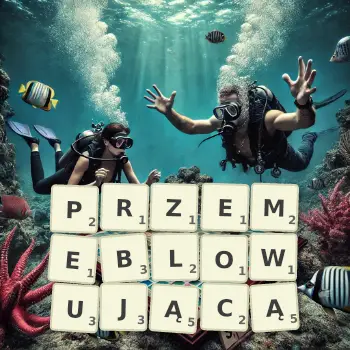 Kreatywna ilustracja do gry w Scrabble ze słowem PRZEMEBLOWUJĄCĄ ułożonym z płytek na planszy.