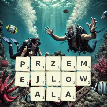 Kreatywna ilustracja do gry w Scrabble ze słowem PRZEMEJLOWALA ułożonym z płytek na planszy.