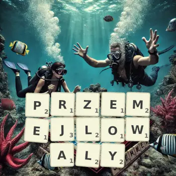 Kreatywna ilustracja do gry w Scrabble ze słowem PRZEMEJLOWALY ułożonym z płytek na planszy.