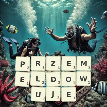 Kreatywna ilustracja do gry w Scrabble ze słowem PRZEMELDOWUJE ułożonym z płytek na planszy.