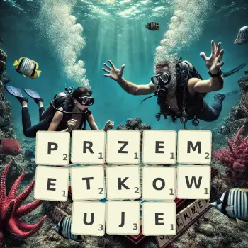 Kreatywna ilustracja do gry w Scrabble ze słowem PRZEMETKOWUJE ułożonym z płytek na planszy.