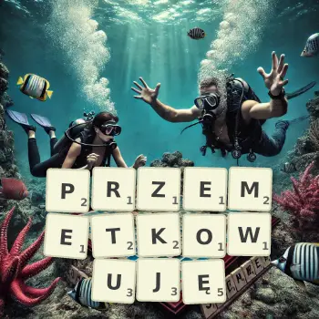Kreatywna ilustracja do gry w Scrabble ze słowem PRZEMETKOWUJĘ ułożonym z płytek na planszy.