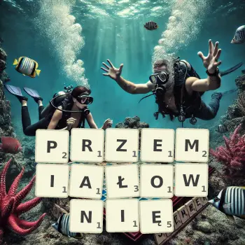 Kreatywna ilustracja do gry w Scrabble ze słowem PRZEMIAŁOWNIĘ ułożonym z płytek na planszy.