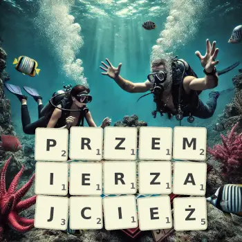 Kreatywna ilustracja do gry w Scrabble ze słowem PRZEMIERZAJCIEŻ ułożonym z płytek na planszy.