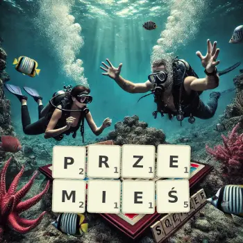 Kreatywna ilustracja do gry w Scrabble ze słowem PRZEMIEŚ ułożonym z płytek na planszy.