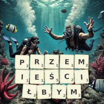 Kreatywna ilustracja do gry w Scrabble ze słowem PRZEMIEŚCIŁBYM ułożonym z płytek na planszy.