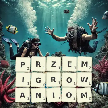 Kreatywna ilustracja do gry w Scrabble ze słowem PRZEMIGROWANIOM ułożonym z płytek na planszy.