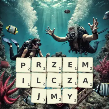 Kreatywna ilustracja do gry w Scrabble ze słowem PRZEMILCZAJMY ułożonym z płytek na planszy.