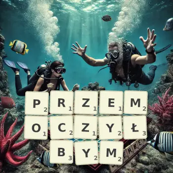 Kreatywna ilustracja do gry w Scrabble ze słowem PRZEMOCZYŁBYM ułożonym z płytek na planszy.