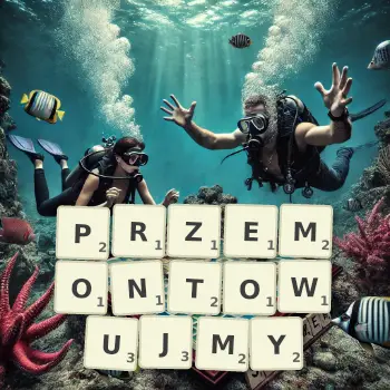 Kreatywna ilustracja do gry w Scrabble ze słowem PRZEMONTOWUJMY ułożonym z płytek na planszy.