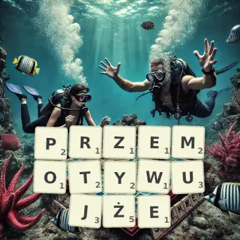 Kreatywna ilustracja do gry w Scrabble ze słowem PRZEMOTYWUJŻE ułożonym z płytek na planszy.