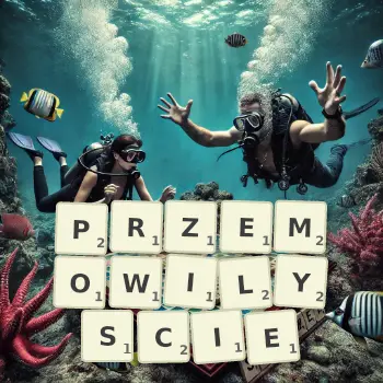 Kreatywna ilustracja do gry w Scrabble ze słowem PRZEMOWILYSCIE ułożonym z płytek na planszy.
