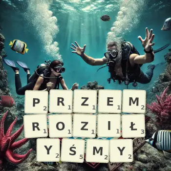Kreatywna ilustracja do gry w Scrabble ze słowem PRZEMROZIŁYŚMY ułożonym z płytek na planszy.