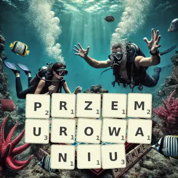 Kreatywna ilustracja do gry w Scrabble ze słowem PRZEMUROWANIU ułożonym z płytek na planszy.