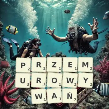 Kreatywna ilustracja do gry w Scrabble ze słowem PRZEMUROWYWAŃ ułożonym z płytek na planszy.