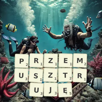 Kreatywna ilustracja do gry w Scrabble ze słowem PRZEMUSZTRUJĘ ułożonym z płytek na planszy.