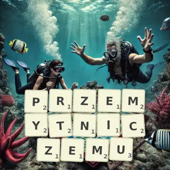 Kreatywna ilustracja do gry w Scrabble ze słowem PRZEMYTNICZEMU ułożonym z płytek na planszy.