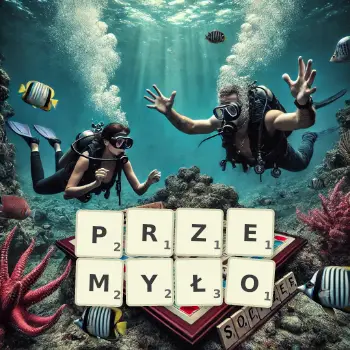 Kreatywna ilustracja do gry w Scrabble ze słowem PRZEMYŁO ułożonym z płytek na planszy.