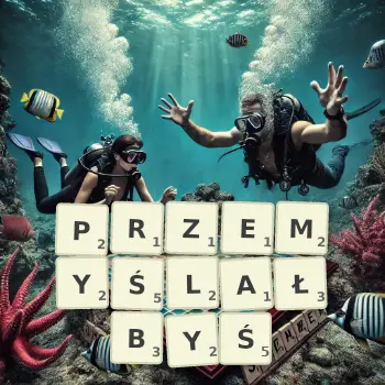 Kreatywna ilustracja do gry w Scrabble ze słowem PRZEMYŚLAŁBYŚ ułożonym z płytek na planszy.