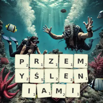 Kreatywna ilustracja do gry w Scrabble ze słowem PRZEMYŚLENIAMI ułożonym z płytek na planszy.