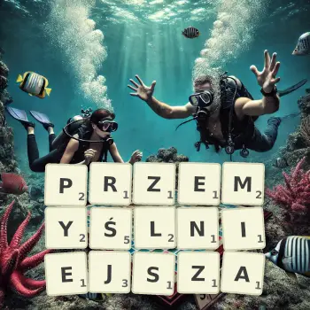 Kreatywna ilustracja do gry w Scrabble ze słowem PRZEMYŚLNIEJSZA ułożonym z płytek na planszy.