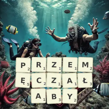 Kreatywna ilustracja do gry w Scrabble ze słowem PRZEMĘCZAŁABY ułożonym z płytek na planszy.
