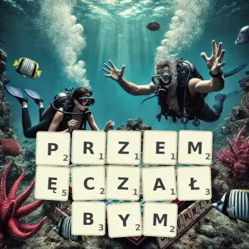 Kreatywna ilustracja do gry w Scrabble ze słowem PRZEMĘCZAŁBYM ułożonym z płytek na planszy.