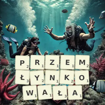 Kreatywna ilustracja do gry w Scrabble ze słowem PRZEMŁYNKOWAŁA ułożonym z płytek na planszy.