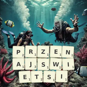 Kreatywna ilustracja do gry w Scrabble ze słowem PRZENAJSWIETSI ułożonym z płytek na planszy.