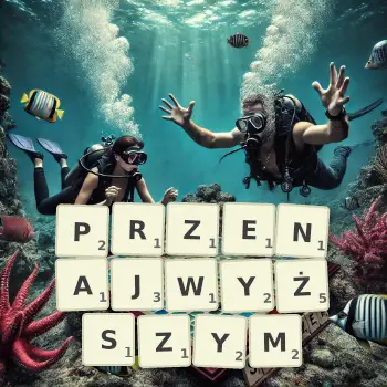 Kreatywna ilustracja do gry w Scrabble ze słowem PRZENAJWYŻSZYM ułożonym z płytek na planszy.