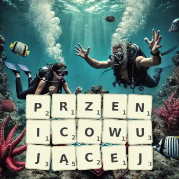 Kreatywna ilustracja do gry w Scrabble ze słowem PRZENICOWUJĄCEJ ułożonym z płytek na planszy.