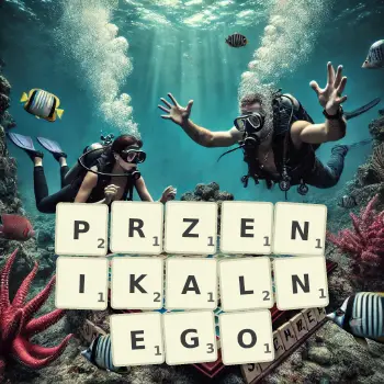 Kreatywna ilustracja do gry w Scrabble ze słowem PRZENIKALNEGO ułożonym z płytek na planszy.