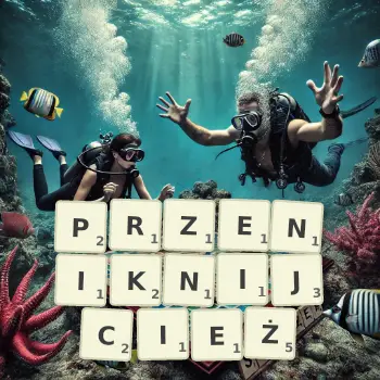 Kreatywna ilustracja do gry w Scrabble ze słowem PRZENIKNIJCIEŻ ułożonym z płytek na planszy.