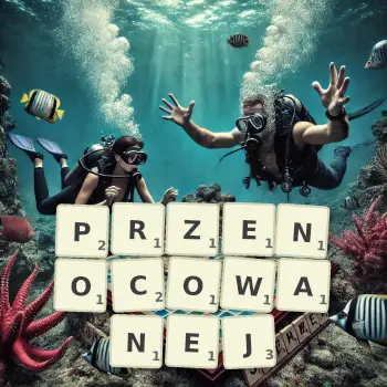Kreatywna ilustracja do gry w Scrabble ze słowem PRZENOCOWANEJ ułożonym z płytek na planszy.