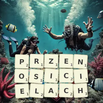 Kreatywna ilustracja do gry w Scrabble ze słowem PRZENOSICIELACH ułożonym z płytek na planszy.