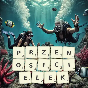 Kreatywna ilustracja do gry w Scrabble ze słowem PRZENOSICIELEK ułożonym z płytek na planszy.