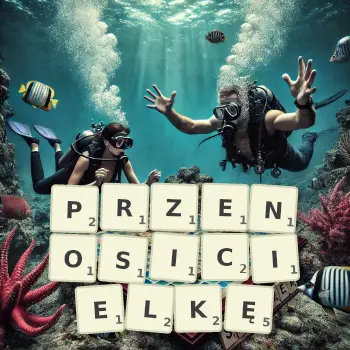 Kreatywna ilustracja do gry w Scrabble ze słowem PRZENOSICIELKĘ ułożonym z płytek na planszy.