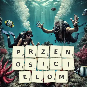 Kreatywna ilustracja do gry w Scrabble ze słowem PRZENOSICIELOM ułożonym z płytek na planszy.