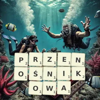 Kreatywna ilustracja do gry w Scrabble ze słowem PRZENOŚNIKOWA ułożonym z płytek na planszy.