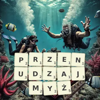 Kreatywna ilustracja do gry w Scrabble ze słowem PRZENUDZAJMYŻ ułożonym z płytek na planszy.
