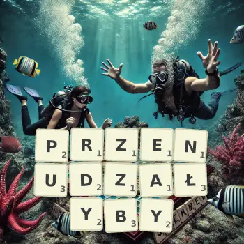 Kreatywna ilustracja do gry w Scrabble ze słowem PRZENUDZAŁYBY ułożonym z płytek na planszy.