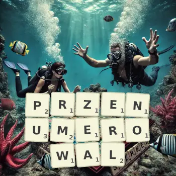 Kreatywna ilustracja do gry w Scrabble ze słowem PRZENUMEROWAL ułożonym z płytek na planszy.